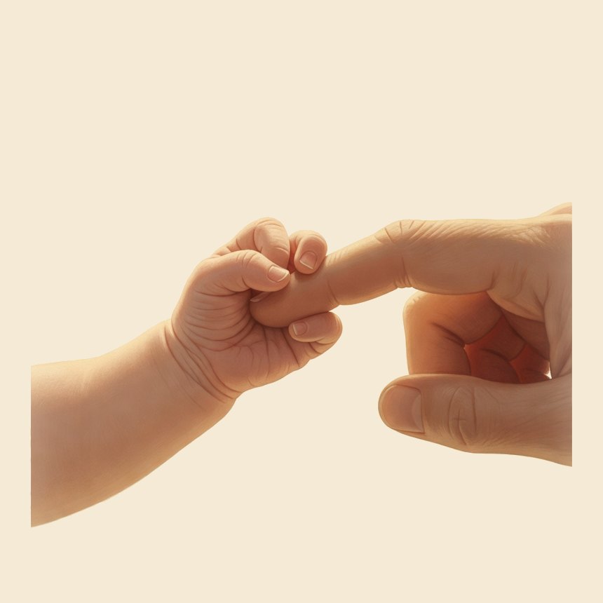 A newborn’s hand curled around a parent’s finger