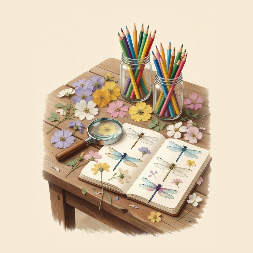 A nature-study desk — pressed flowers, a magnifying glass, and a notebook of dragonfly sketches