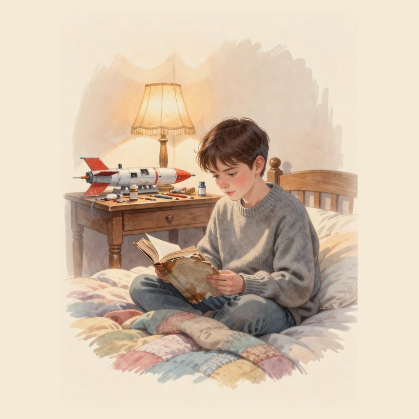 A teenager reading on a bed, a model rocket on the nightstand