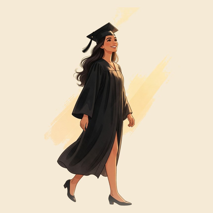 A young graduate in cap and gown, stepping forward and looking up