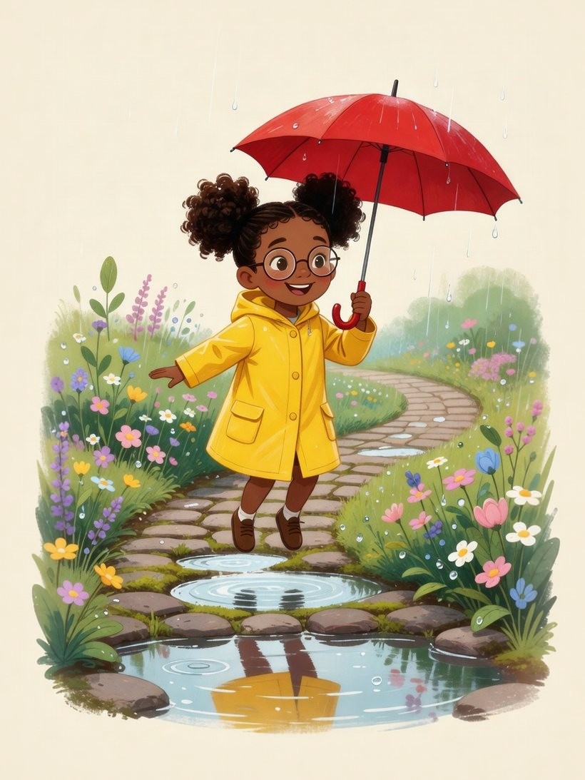A child in a yellow raincoat under a red umbrella, looking up